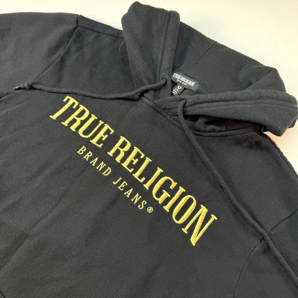 True Religion Men's Size Large Black Hoodie Gold Logo Pullover Sweatshirt